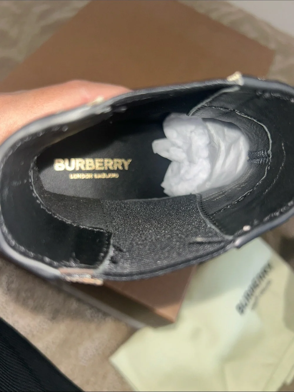 Burberry Black Chelsea Booties with Iconic Beige Check Trim